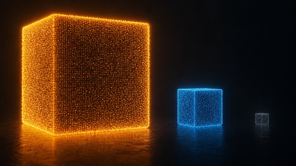 Auf dunklem Grund drei Würfel aus Lichtpunkten in abnehmender Größe nebeneinander auf einer spiegelnden Fläche: ein großer orangefarbener, ein mittlerer blauer und ein kleiner grauer