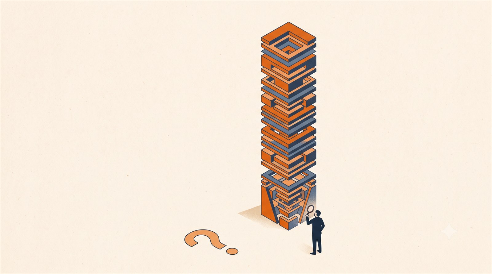 Isometrische Illustration auf hellem Papiergrund: am Boden ein kleines oranges Fragezeichen, daneben ragt ein hoher, vielfach geschichteter Turm aus orangefarbenen und blaugrauen Ebenen weit darüber auf, eine kleine dunkle Silhouette einer Person betrachtet ihn mit einer Lupe